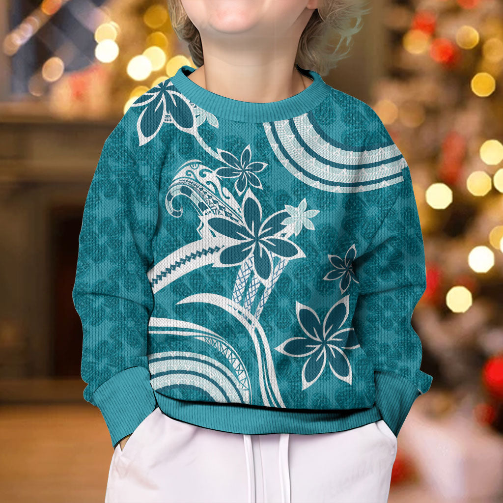 Hawaii Pupuala Plumeria Teal Kid Ugly Christmas Sweater Polynesian Pattern LT01 - Polynesian Pride