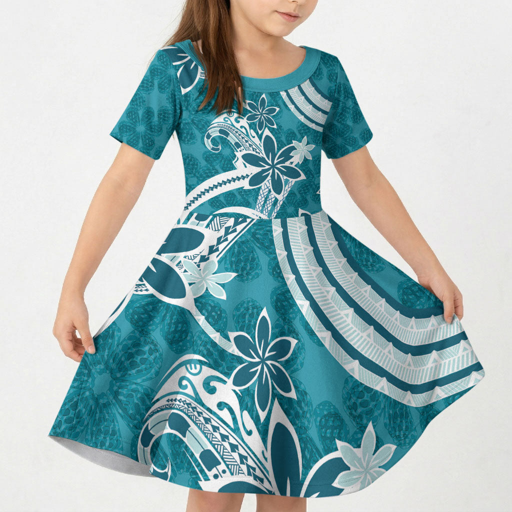 Hawaii Pupuala Plumeria Teal Kid Short Sleeve Dress Polynesian Pattern LT01 KID Teal - Polynesian Pride