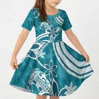 Hawaii Pupuala Plumeria Teal Kid Short Sleeve Dress Polynesian Pattern LT01 KID Teal - Polynesian Pride