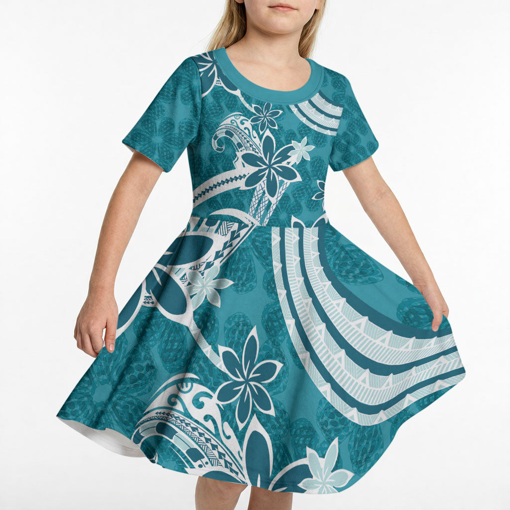 Hawaii Pupuala Plumeria Teal Kid Short Sleeve Dress Polynesian Pattern LT01 - Polynesian Pride