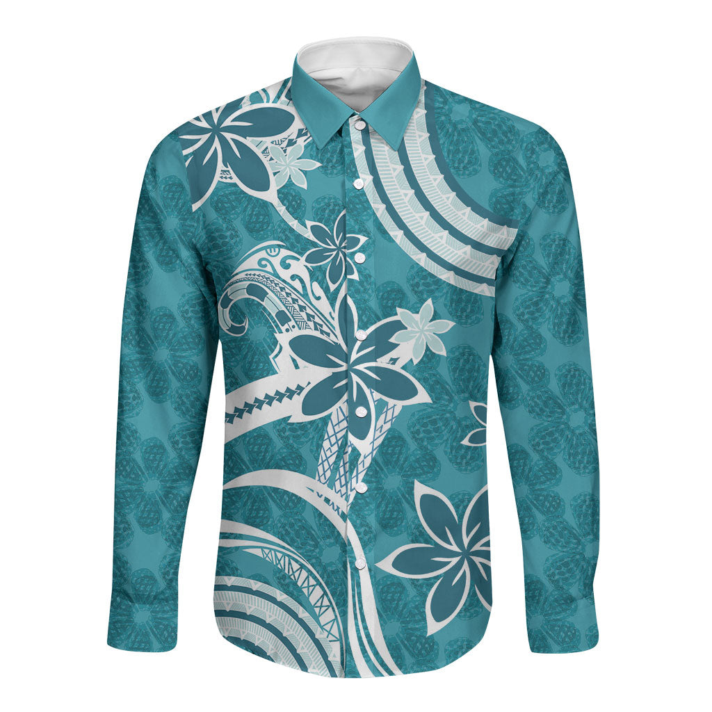 Hawaii Pupuala Plumeria Teal Long Sleeve Button Shirt Polynesian Pattern LT01 Unisex Teal - Polynesian Pride