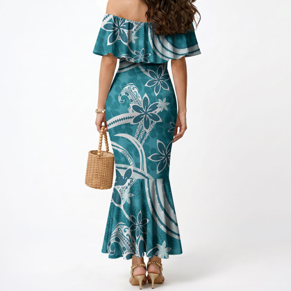Hawaii Pupuala Plumeria Teal Mermaid Dress Polynesian Pattern LT01 - Polynesian Pride