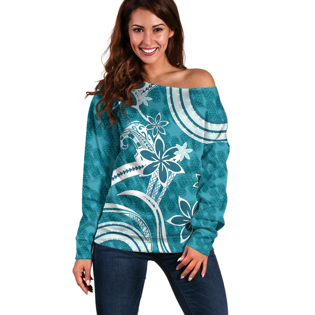 Hawaii Pupuala Plumeria Teal Off Shoulder Sweater Polynesian Pattern LT01 Women Teal - Polynesian Pride