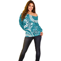 Hawaii Pupuala Plumeria Teal Off Shoulder Sweater Polynesian Pattern LT01 - Polynesian Pride