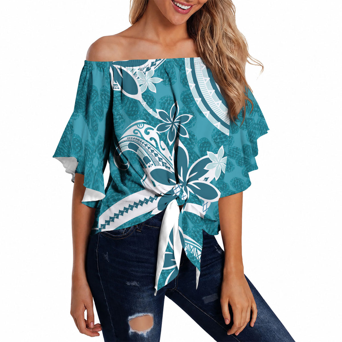 Hawaii Pupuala Plumeria Teal Off Shoulder Wrap Waist Top Polynesian Pattern LT01 Teal - Polynesian Pride