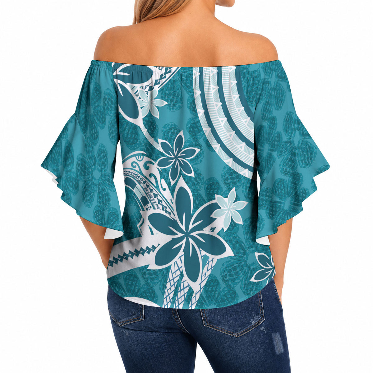 Hawaii Pupuala Plumeria Teal Off Shoulder Wrap Waist Top Polynesian Pattern LT01 - Polynesian Pride