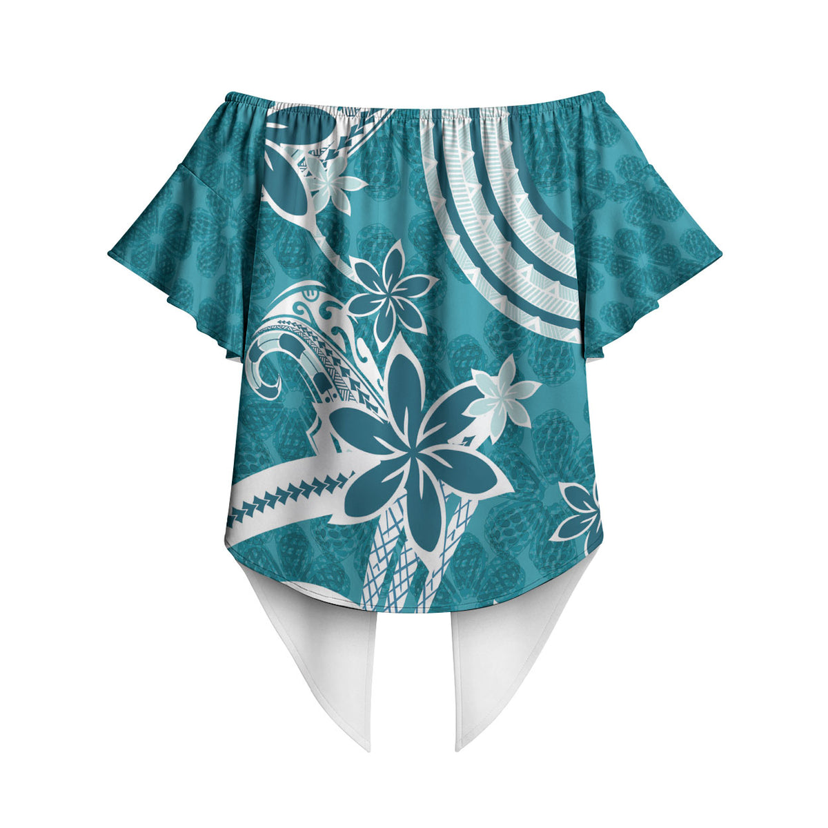 Hawaii Pupuala Plumeria Teal Off Shoulder Wrap Waist Top Polynesian Pattern LT01 - Polynesian Pride