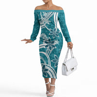Hawaii Pupuala Plumeria Teal Off The Shoulder Long Sleeve Dress Polynesian Pattern LT01 Women Teal - Polynesian Pride