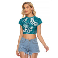 Hawaii Pupuala Plumeria Teal Raglan Cropped T Shirt Polynesian Pattern LT01 Female Teal - Polynesian Pride