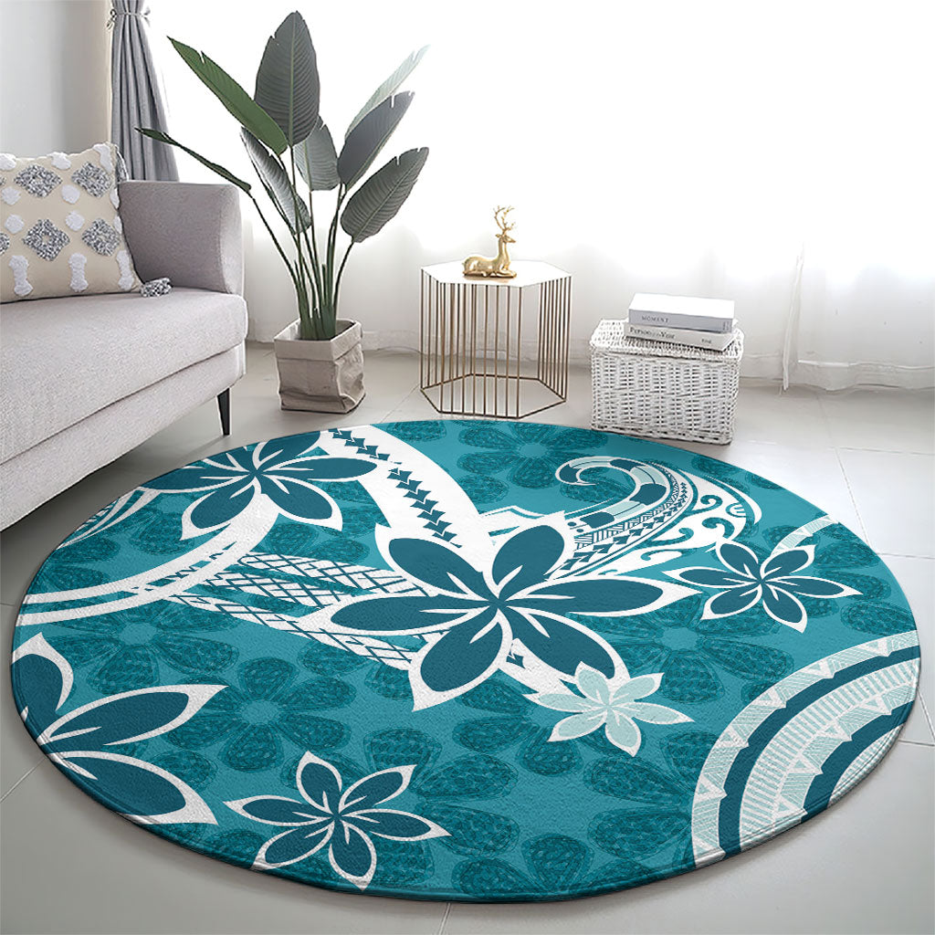 Hawaii Pupuala Plumeria Teal Round Carpet Polynesian Pattern LT01 - Polynesian Pride