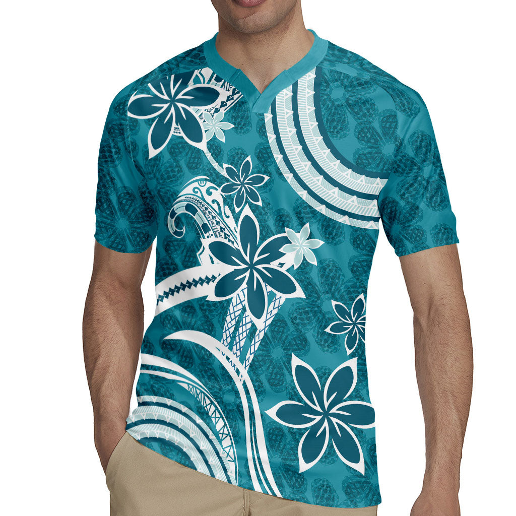 Hawaii Pupuala Plumeria Teal Rugby Jersey Polynesian Pattern LT01 - Polynesian Pride