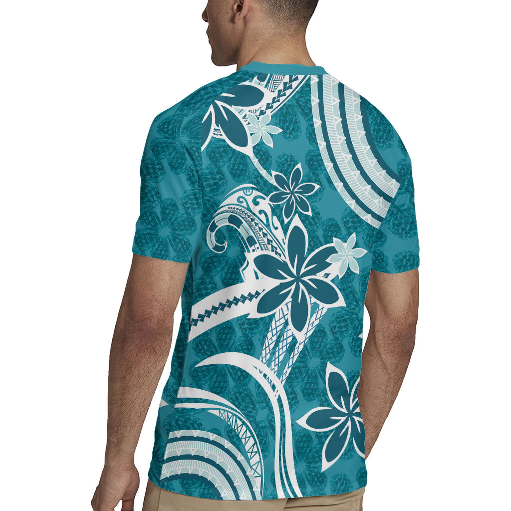 Hawaii Pupuala Plumeria Teal Rugby Jersey Polynesian Pattern LT01 - Polynesian Pride