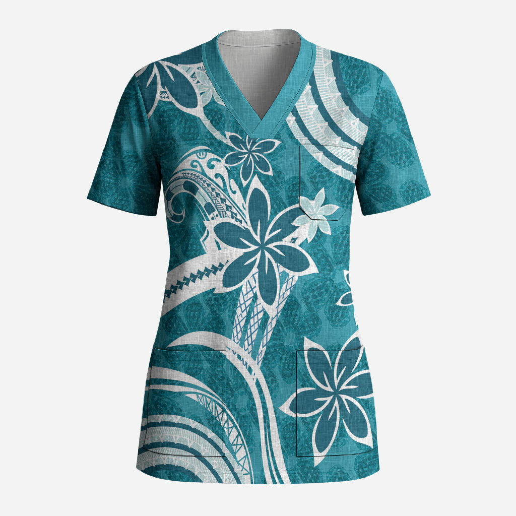 Hawaii Pupuala Plumeria Teal Scrub Top Polynesian Pattern LT01 Adult Teal - Polynesian Pride