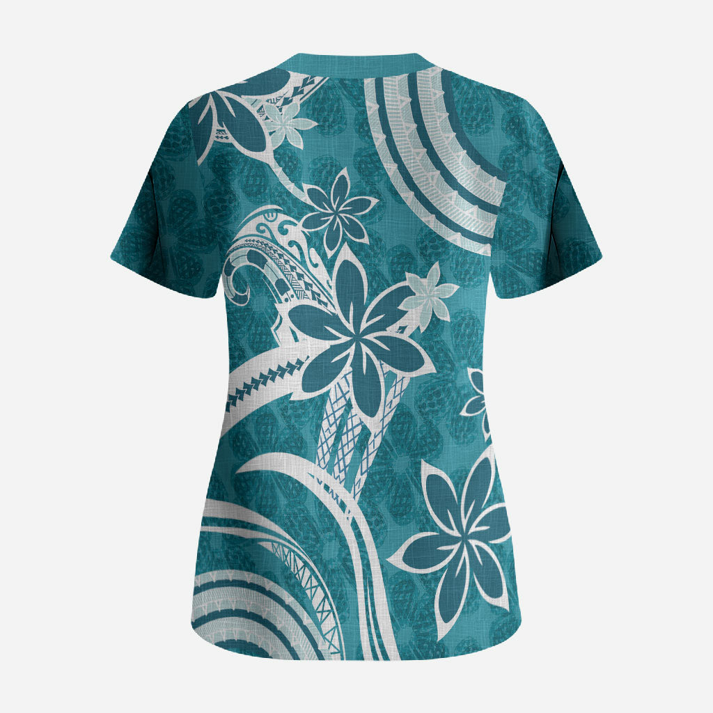 Hawaii Pupuala Plumeria Teal Scrub Top Polynesian Pattern LT01 - Polynesian Pride