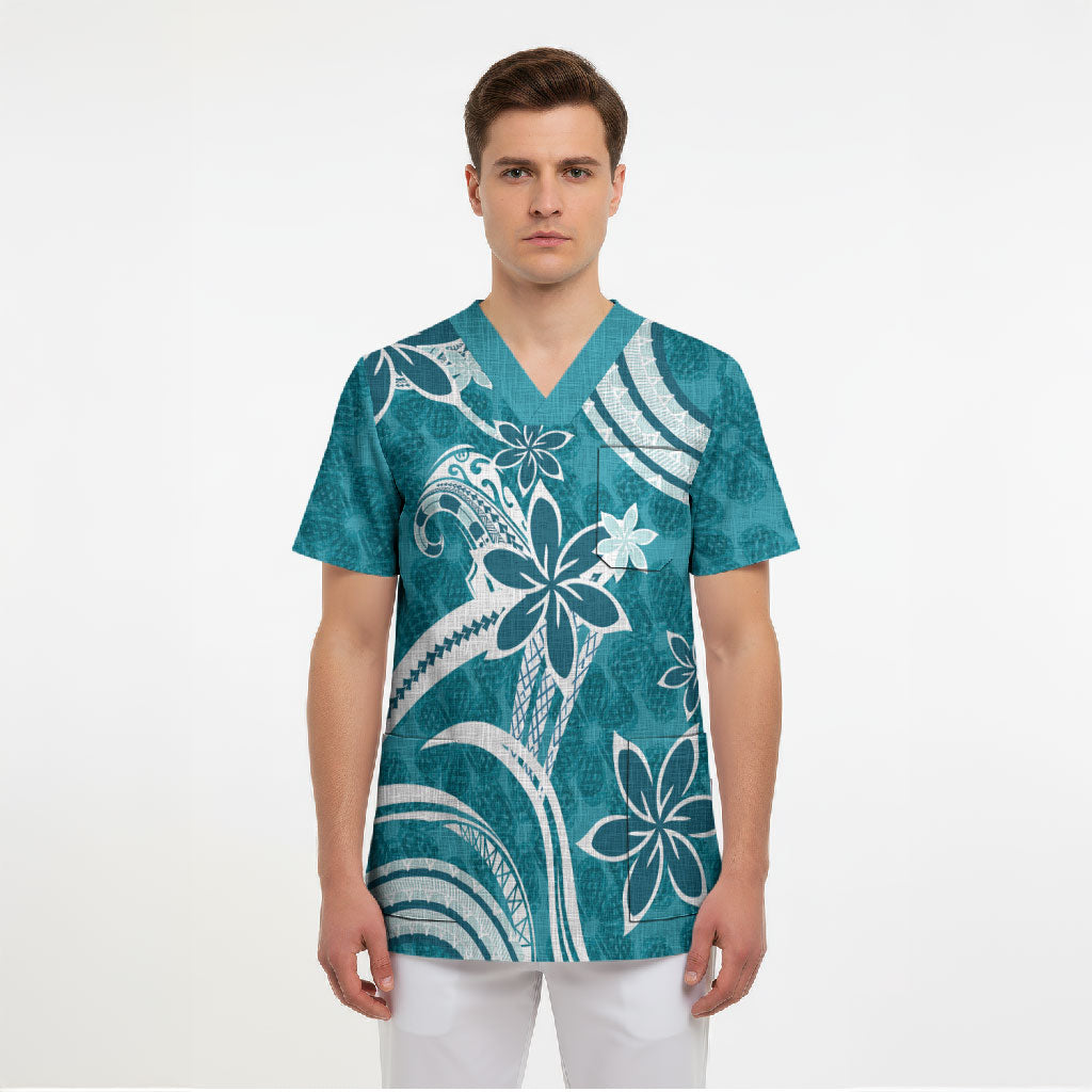 Hawaii Pupuala Plumeria Teal Scrub Top Polynesian Pattern LT01 - Polynesian Pride
