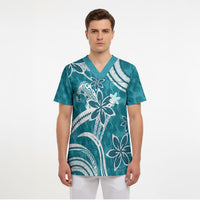 Hawaii Pupuala Plumeria Teal Scrub Top Polynesian Pattern LT01 - Polynesian Pride