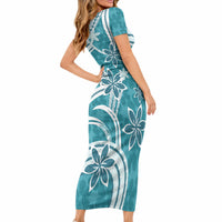Hawaii Pupuala Plumeria Teal Short Sleeve Bodycon Dress Polynesian Pattern LT01 - Polynesian Pride