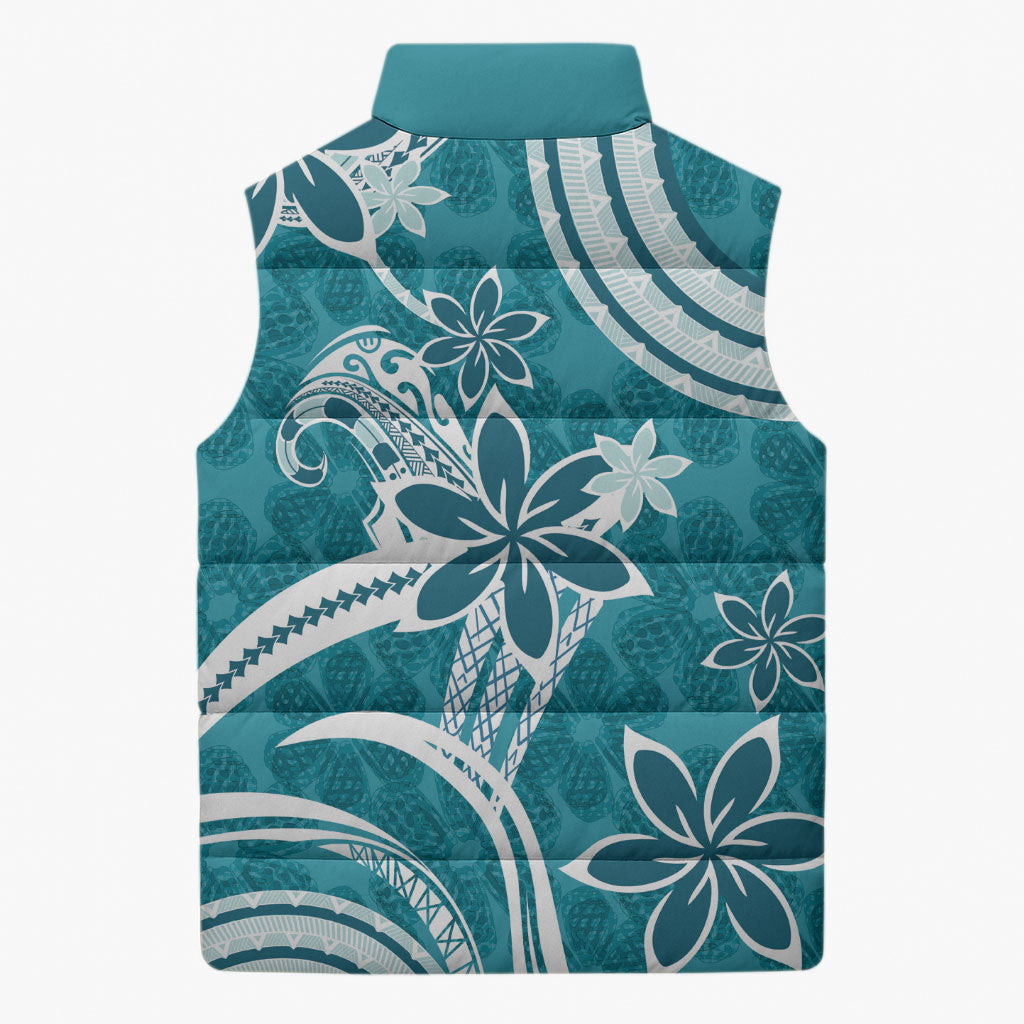 Hawaii Pupuala Plumeria Teal Sleeveless Puffer Jacket Polynesian Pattern LT01 - Polynesian Pride