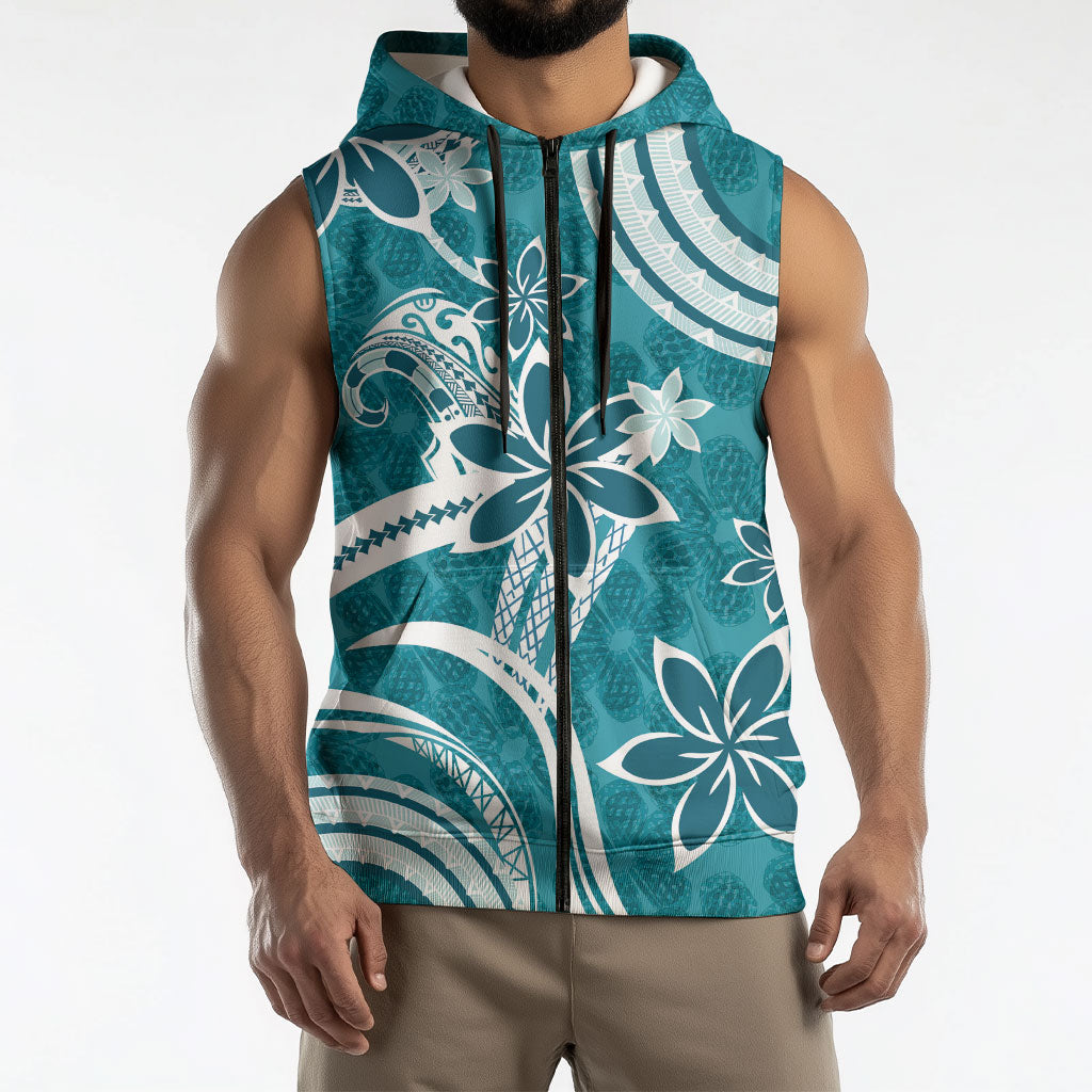 Hawaii Pupuala Plumeria Teal Sleeveless Zip Hoodie Polynesian Pattern LT01 - Polynesian Pride