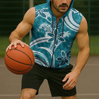 Hawaii Pupuala Plumeria Teal Sleeveless Zip Hoodie Polynesian Pattern LT01 - Polynesian Pride