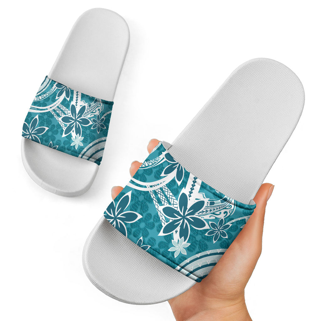 Hawaii Pupuala Plumeria Teal Slide Sandals Polynesian Pattern LT01 - Polynesian Pride