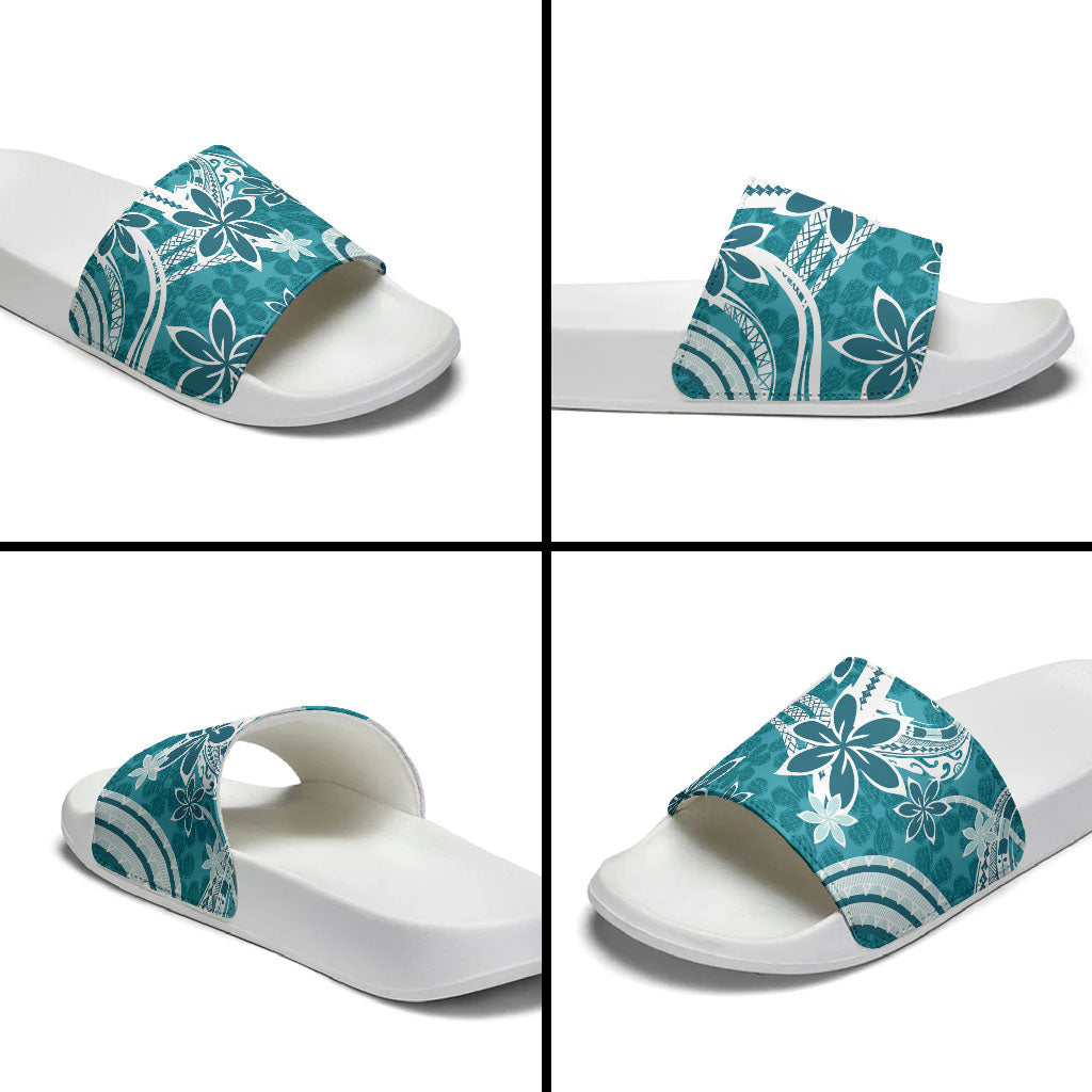 Hawaii Pupuala Plumeria Teal Slide Sandals Polynesian Pattern LT01 - Polynesian Pride