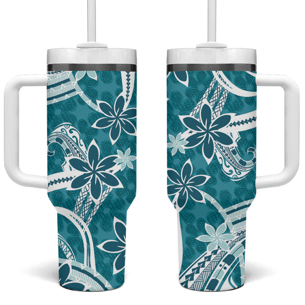 Hawaii Pupuala Plumeria Teal Tumbler With Handle Polynesian Pattern LT01 One Size: 40 oz Teal - Polynesian Pride