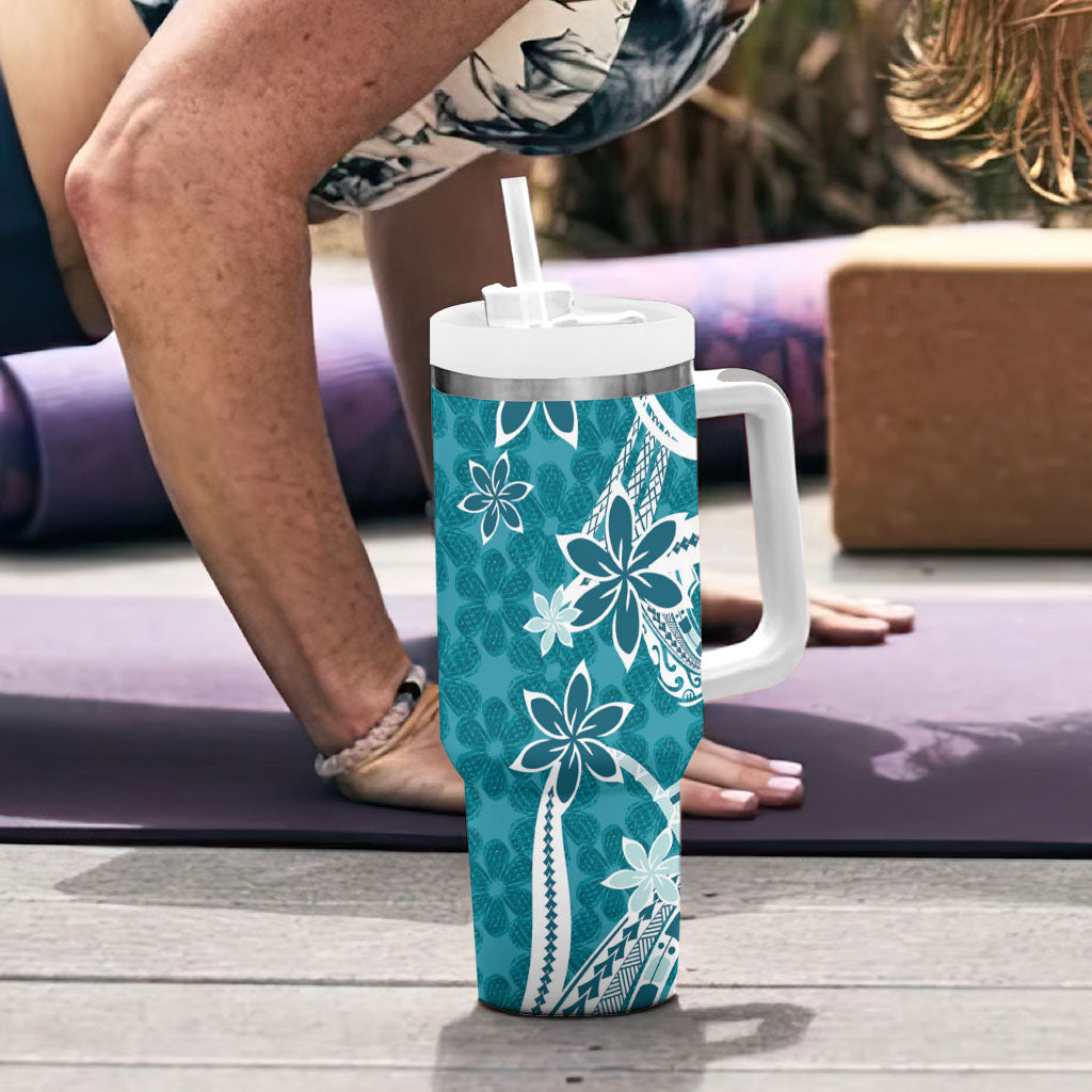 Hawaii Pupuala Plumeria Teal Tumbler With Handle Polynesian Pattern LT01 - Polynesian Pride