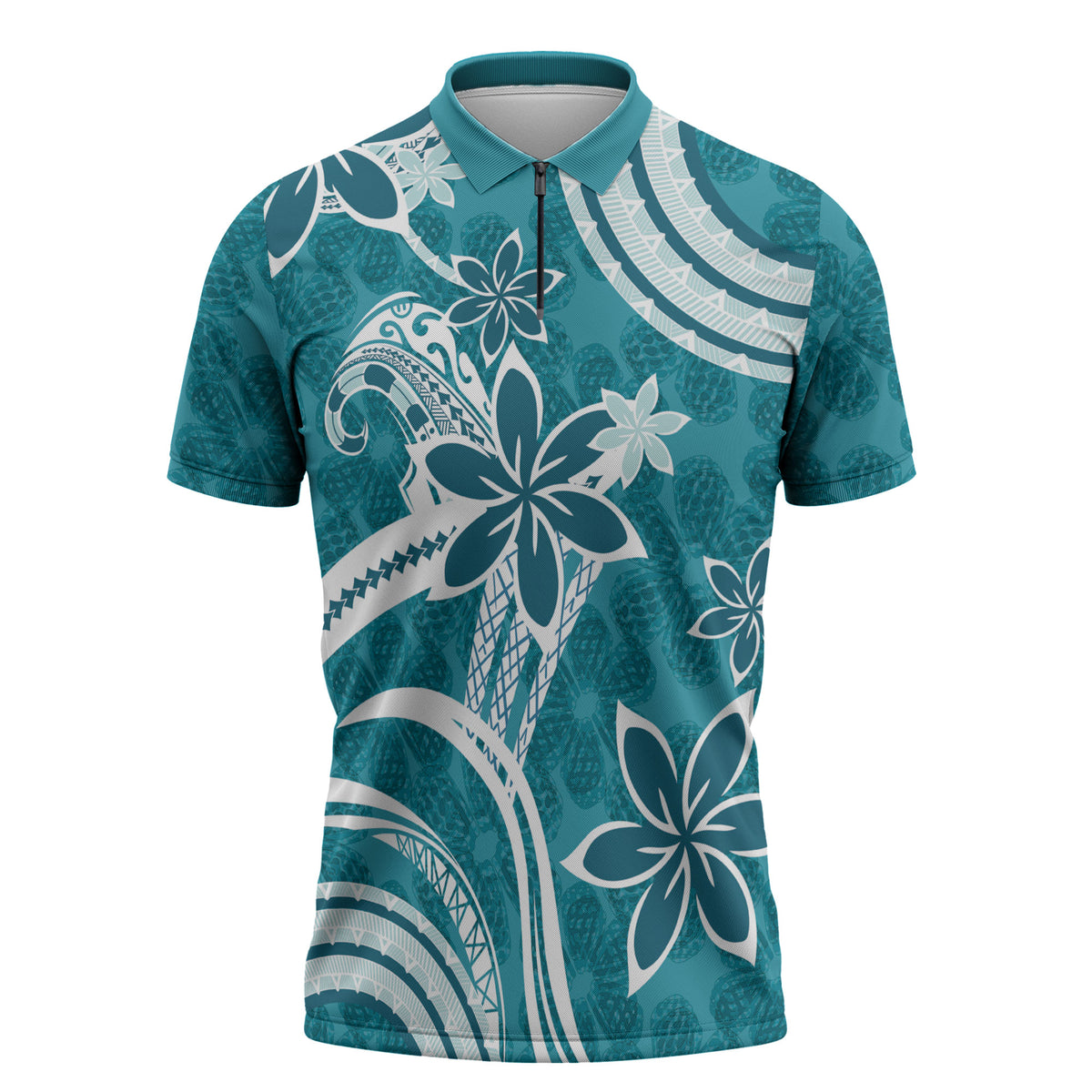 Hawaii Pupuala Plumeria Teal Zipper Polo Shirt Polynesian Pattern LT01 Teal - Polynesian Pride