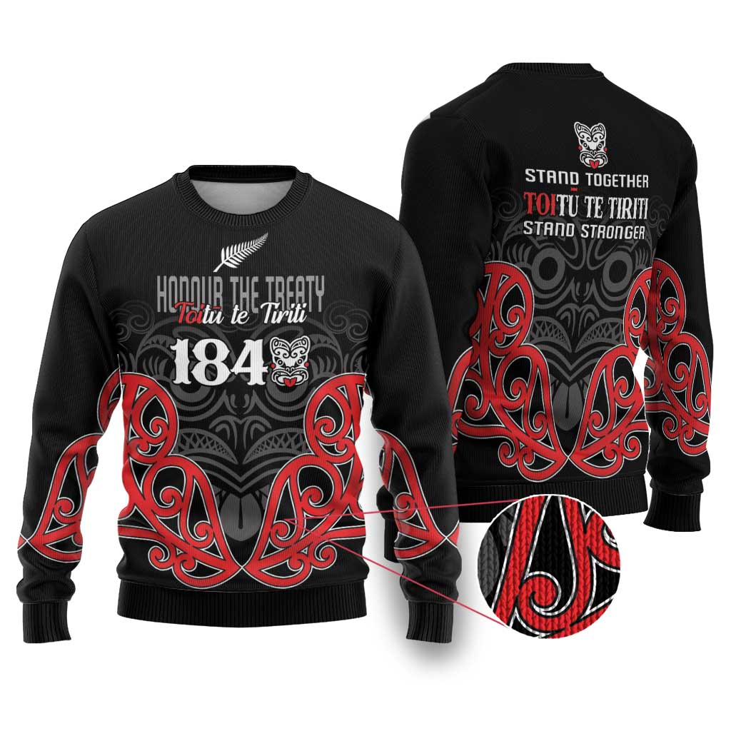 Toitu Te Tiriti 1840 Aotearoa Ugly Christmas Sweater Stand Together Stand Stronger LT01 Black - Polynesian Pride