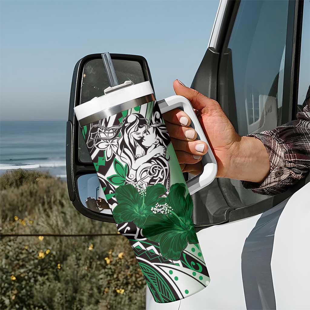 Polynesian Valentine Tumbler With Handle Couple Floral Unique Green Version LT01 - Polynesian Pride