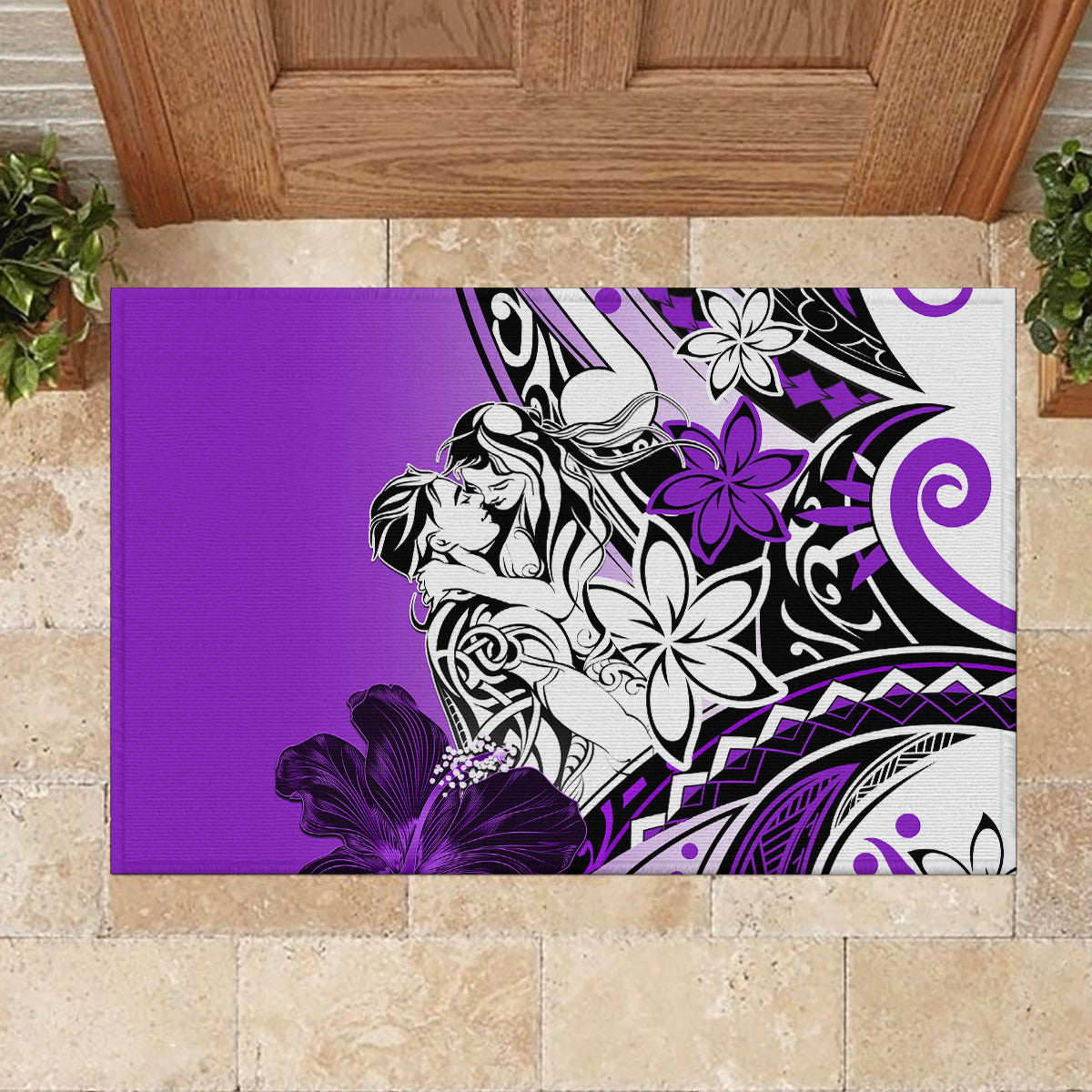 Polynesian Valentine Rubber Doormat Couple Floral Unique Purple Version LT01 - Polynesian Pride