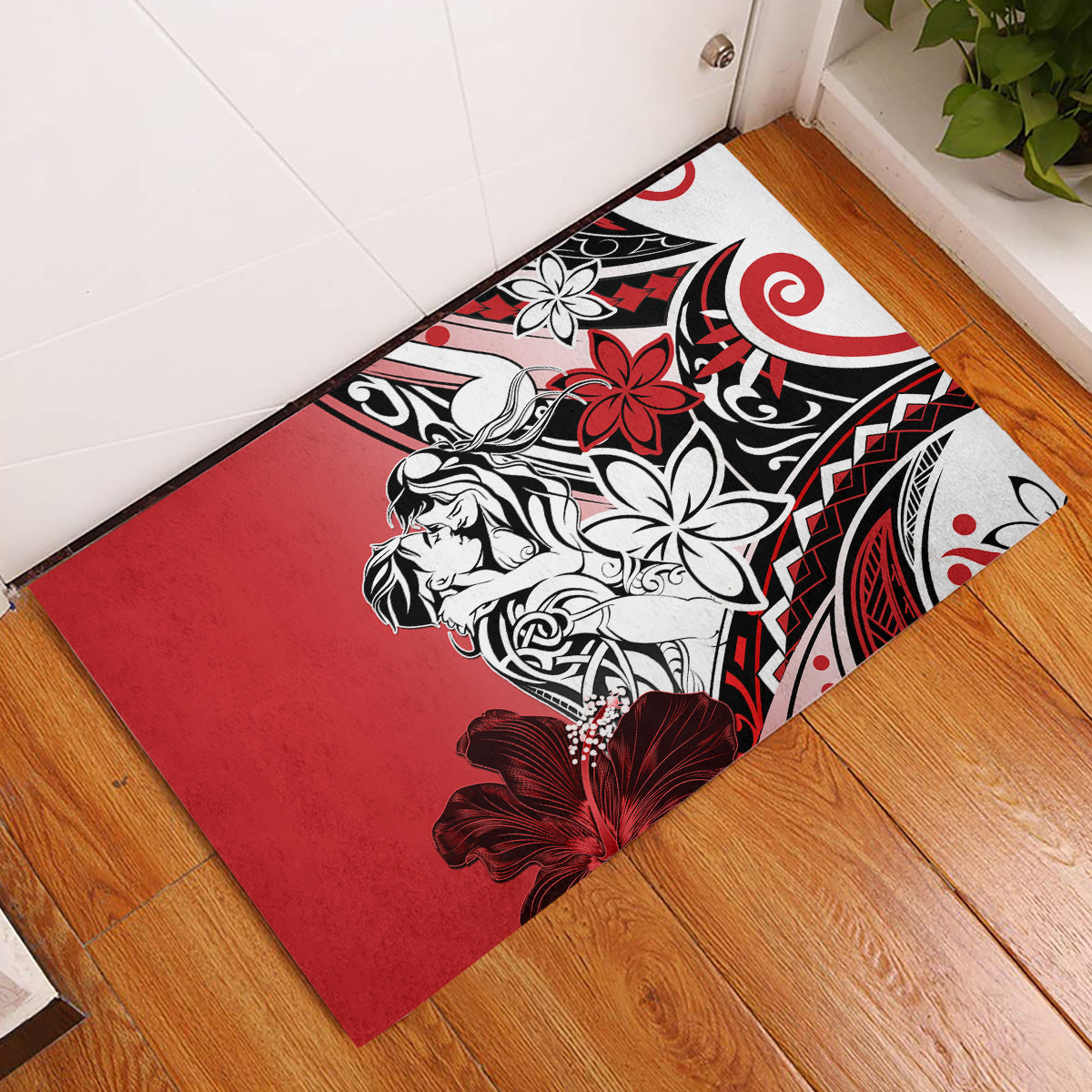 Polynesian Valentine Rubber Doormat Couple Floral Unique Red Version LT01 Red - Polynesian Pride