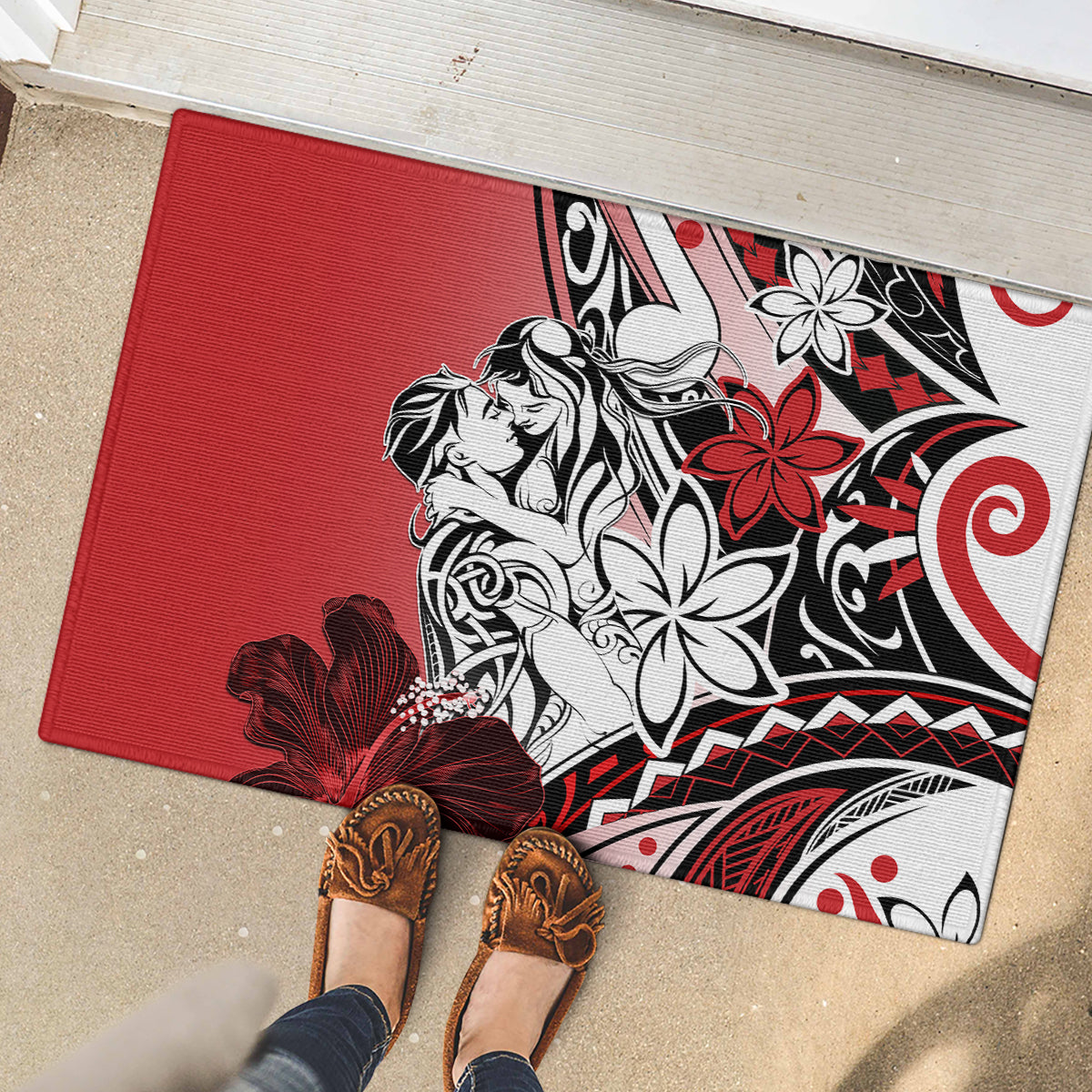 Polynesian Valentine Rubber Doormat Couple Floral Unique Red Version LT01 - Polynesian Pride