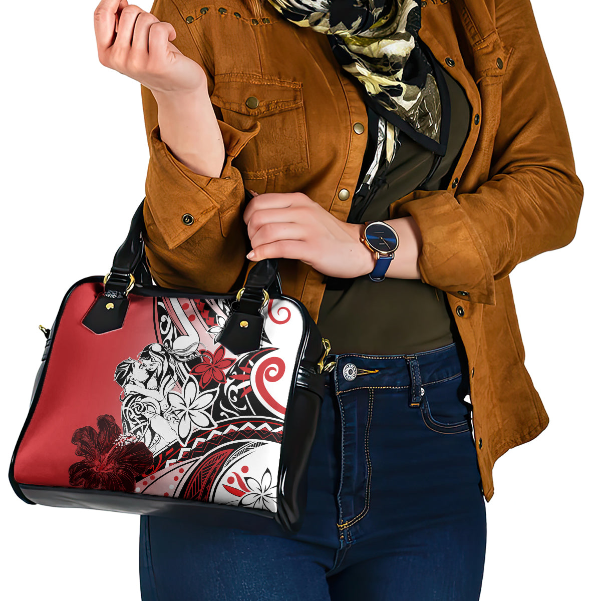 Polynesian Valentine Shoulder Handbag Couple Floral Unique Red Version LT01 - Polynesian Pride