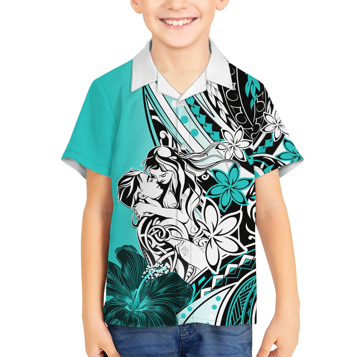 Polynesian Valentine Kid Hawaiian Shirt Couple Floral Unique Turquoise Version LT01 Kid Turquoise - Polynesian Pride