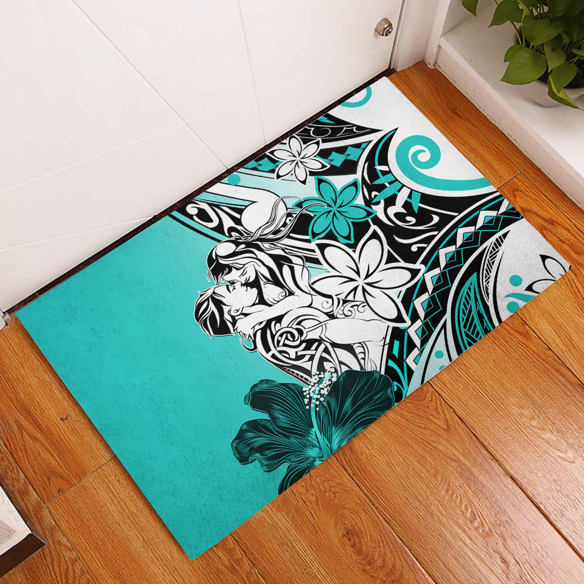 Polynesian Valentine Rubber Doormat Couple Floral Unique Turquoise Version LT01 Turquoise - Polynesian Pride
