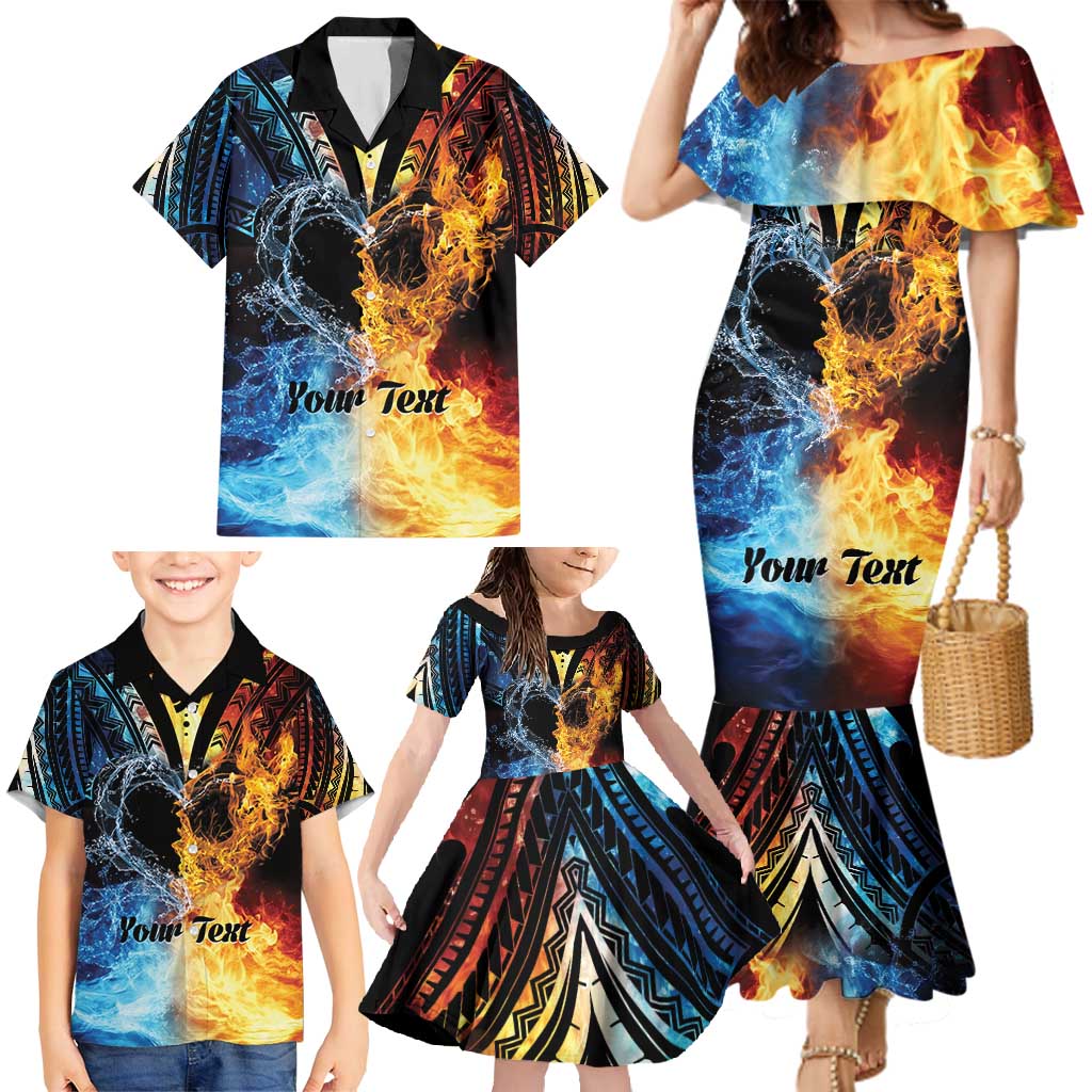 Personalised Polynesian Heart In Fire And Water Family Matching Mermaid Dress and Hawaiian Shirt Romantic Elements