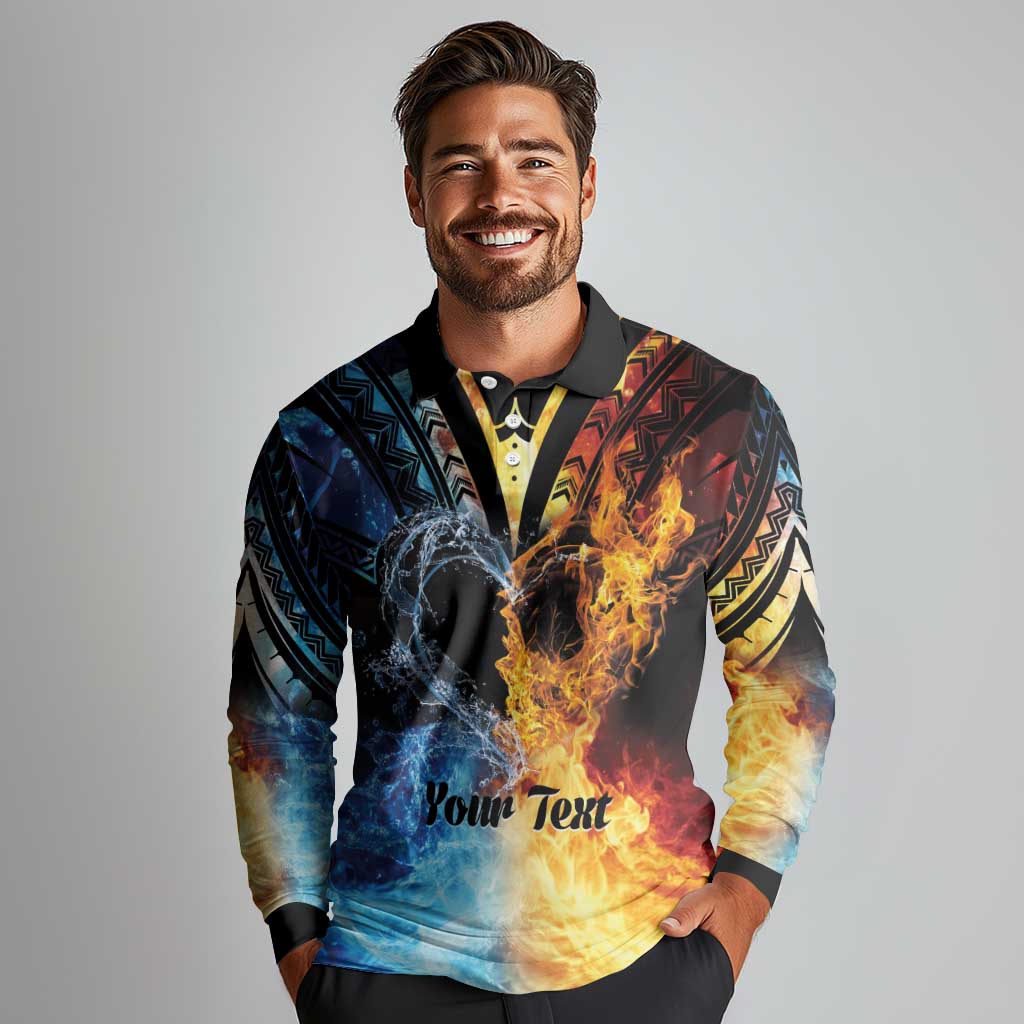 Personalised Polynesian Heart In Fire And Water Long Sleeve Polo Shirt Romantic Elements LT01 - Polynesian Pride