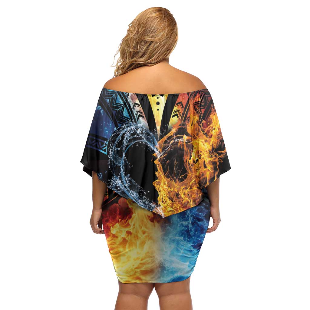 Personalised Polynesian Heart In Fire And Water Off Shoulder Short Dress Romantic Elements LT01 - Polynesian Pride