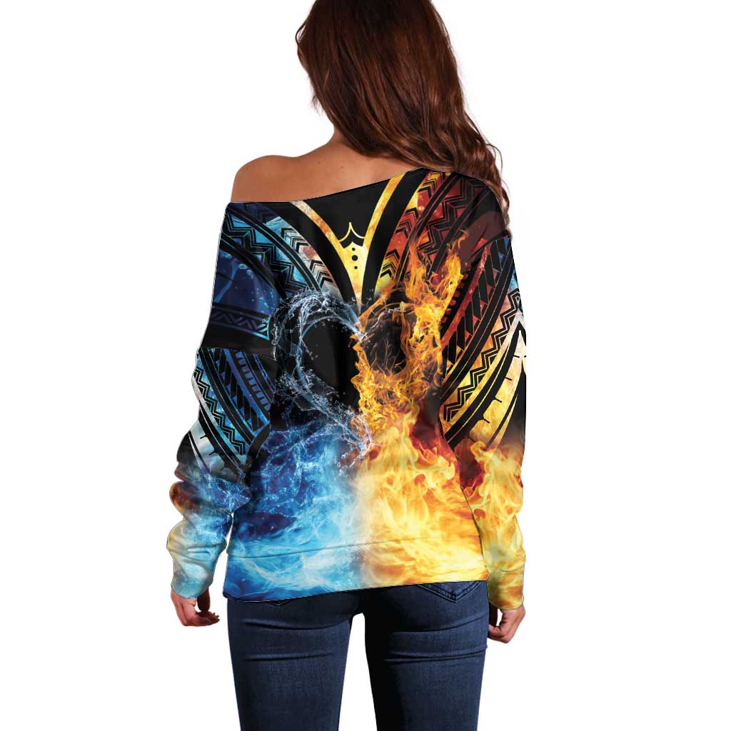 Personalised Polynesian Heart In Fire And Water Off Shoulder Sweater Romantic Elements LT01 - Polynesian Pride