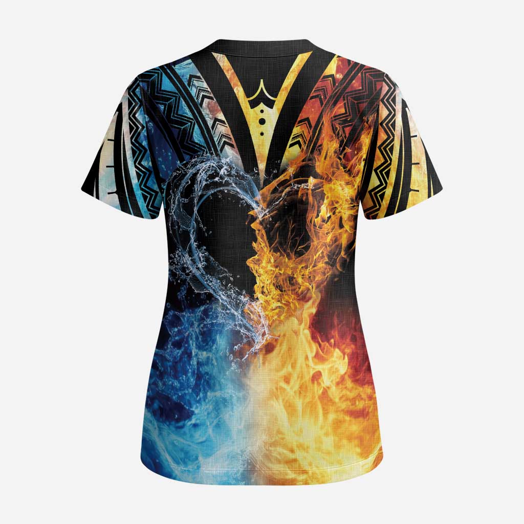 Personalised Polynesian Heart In Fire And Water Scrub Top Romantic Elements LT01 - Polynesian Pride