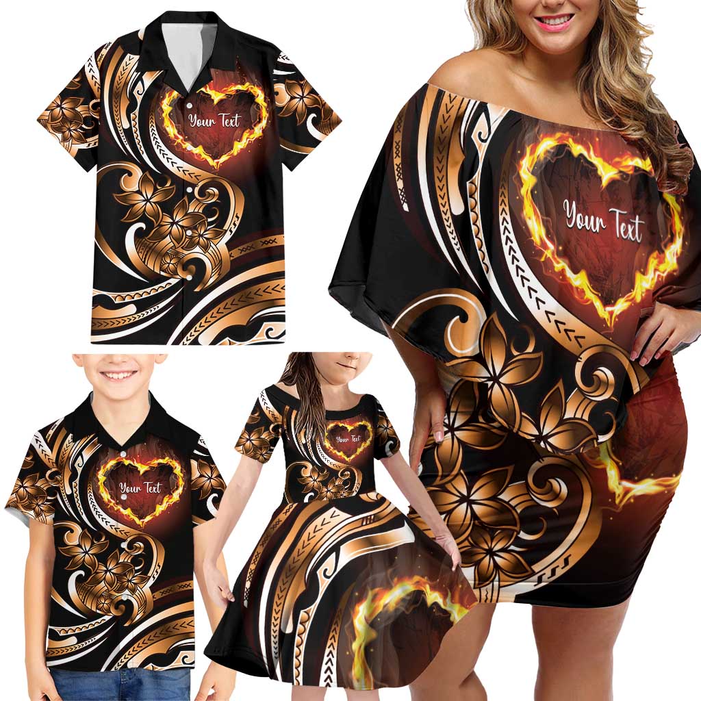 Personalised Polynesian Fiery Heart Family Matching Off Shoulder Short Dress and Hawaiian Shirt Passionate Love