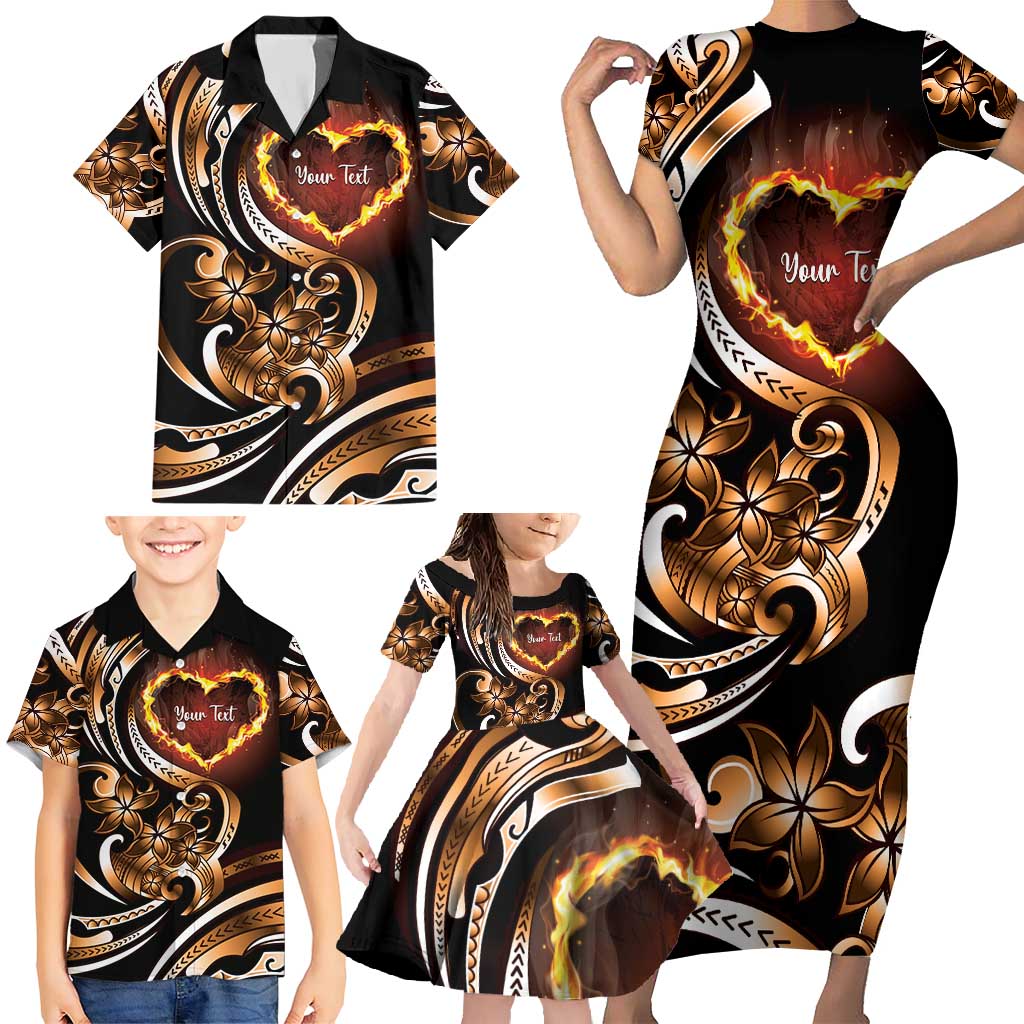 Personalised Polynesian Fiery Heart Family Matching Short Sleeve Bodycon Dress and Hawaiian Shirt Passionate Love