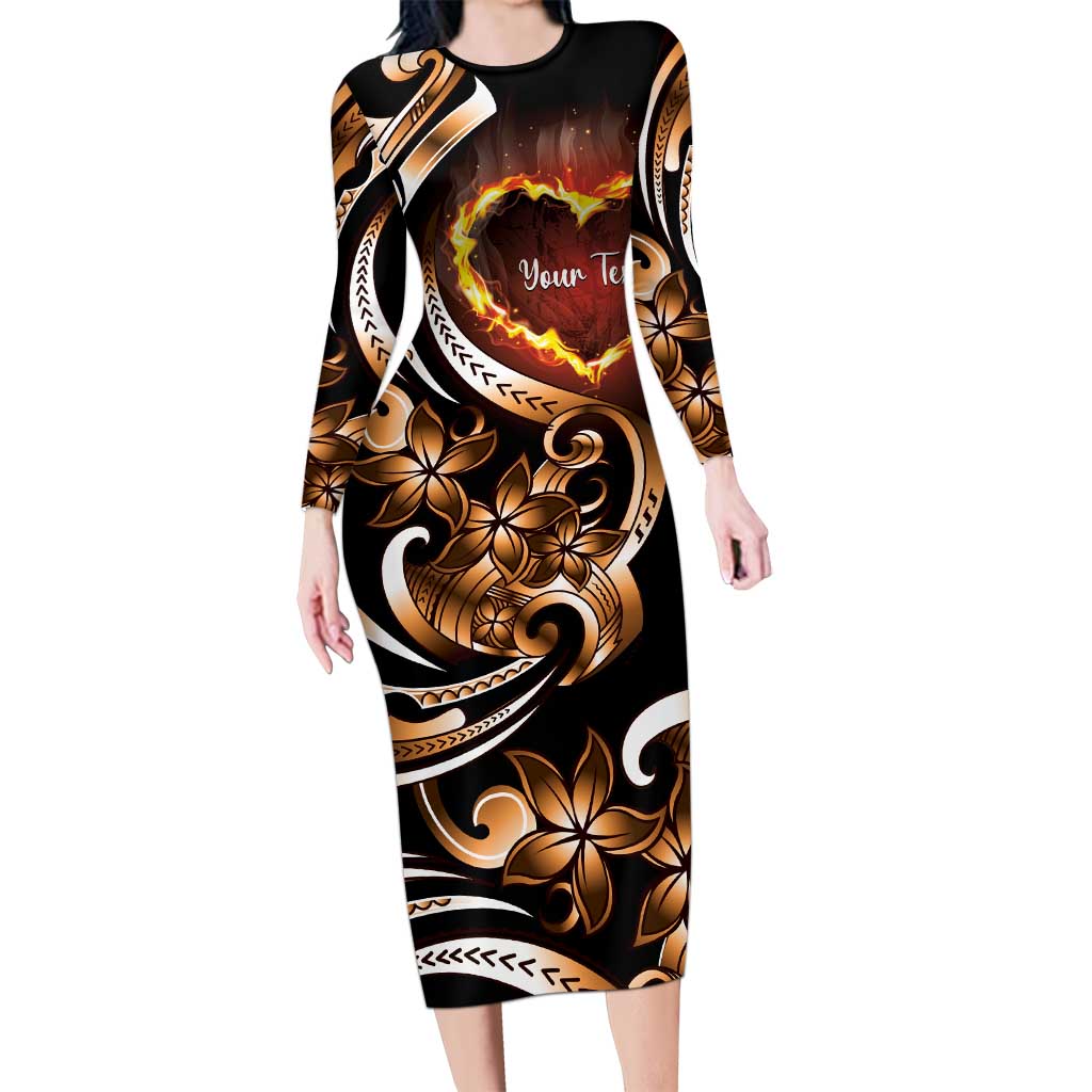 Personalised Polynesian Fiery Heart Long Sleeve Bodycon Dress Passionate Love LT01 Long Dress Black - Polynesian Pride