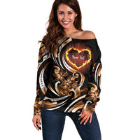 Personalised Polynesian Fiery Heart Off Shoulder Sweater Passionate Love LT01 Women Black - Polynesian Pride