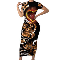Personalised Polynesian Fiery Heart Short Sleeve Bodycon Dress Passionate Love LT01 Long Dress Black - Polynesian Pride