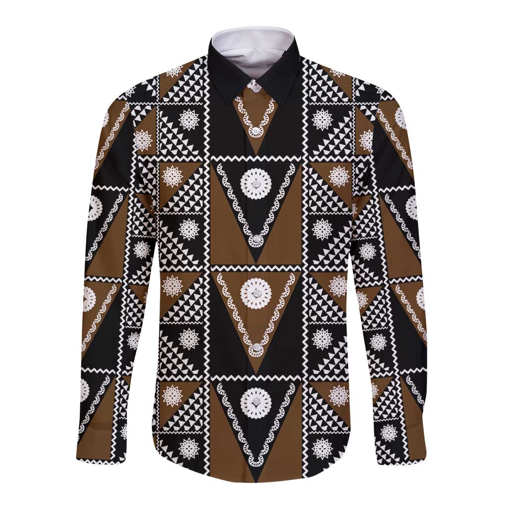 Fiji Brown Masi Pattern Long Sleeve Button Shirt Fijian Tapa LT01 Unisex Brown - Polynesian Pride