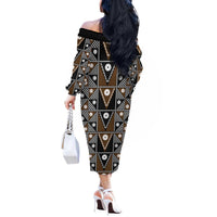 Fiji Brown Masi Pattern Off The Shoulder Long Sleeve Dress Fijian Tapa LT01 - Polynesian Pride