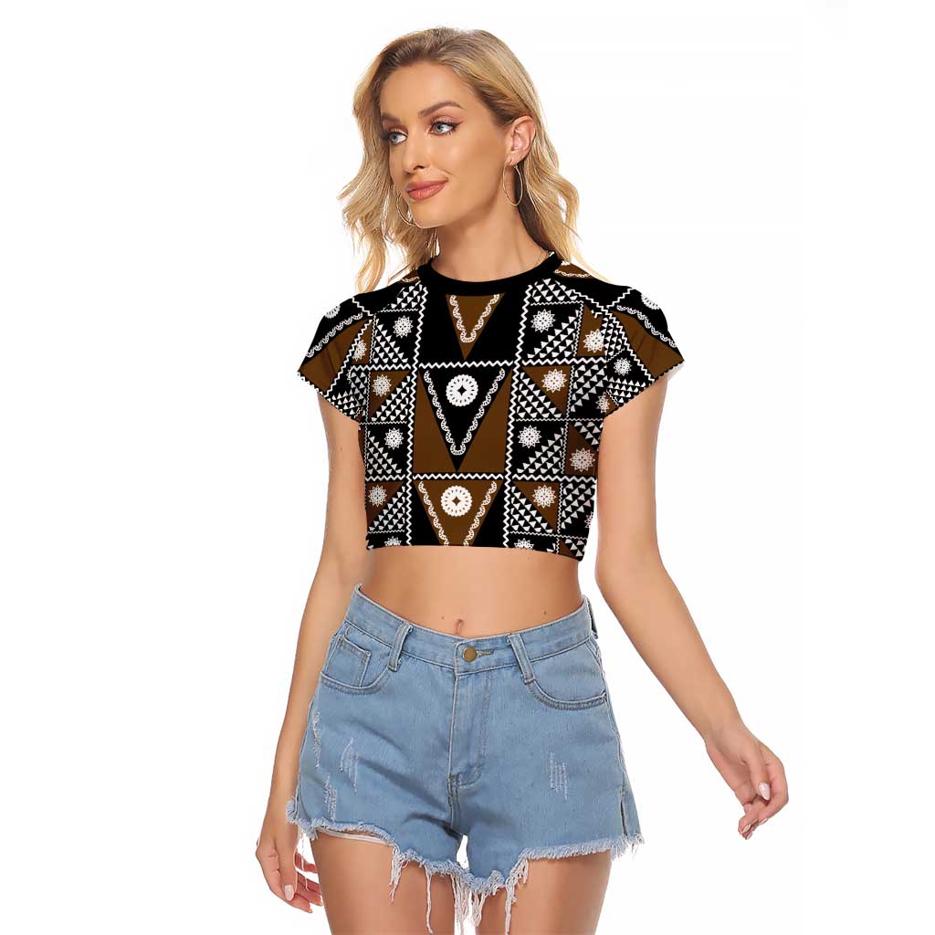 Fiji Brown Masi Pattern Raglan Cropped T Shirt Fijian Tapa LT01 Female Brown - Polynesian Pride